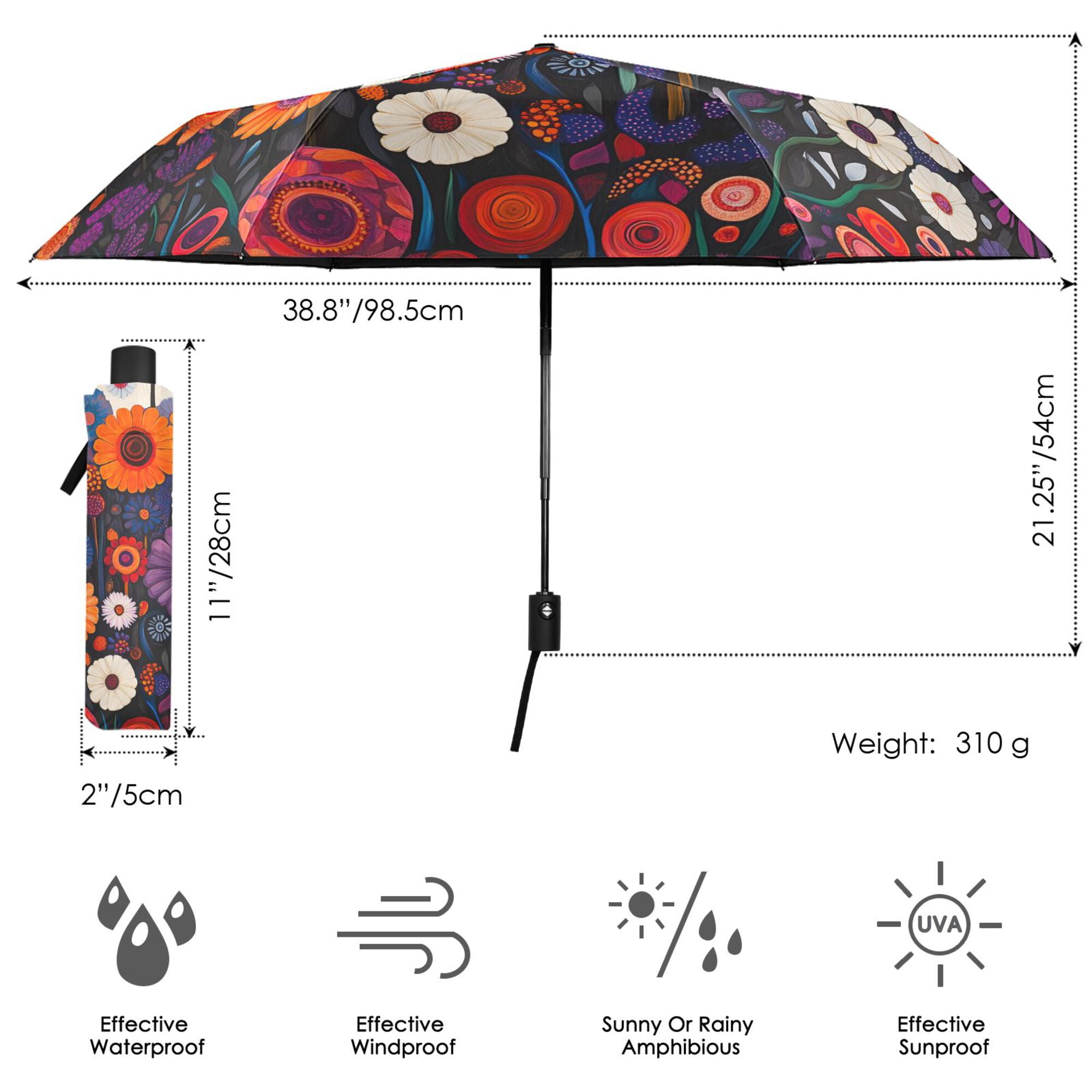 FORMRS Travel Umbrella Folding Auto Open Close Windproof Rain UV Protection, Purple Flowers