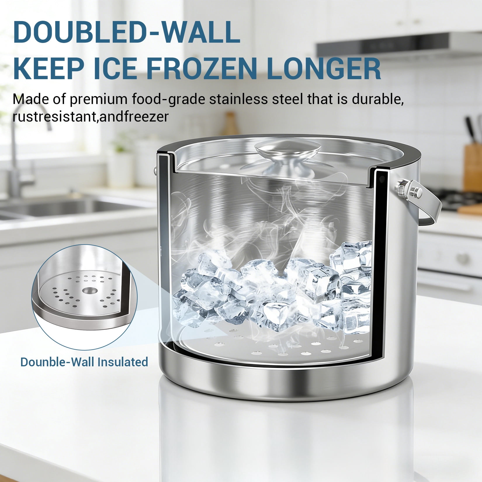 LERENSHA 1pcs Insulated Ice Bucket with Lid and Scoop, 101 oz Stainless Steel Ice Bucket 3L Double Wall Ice Holder with Handle, Metal Ice Bucket for Wine, Champagne, Bar, Party & Outdoor Use