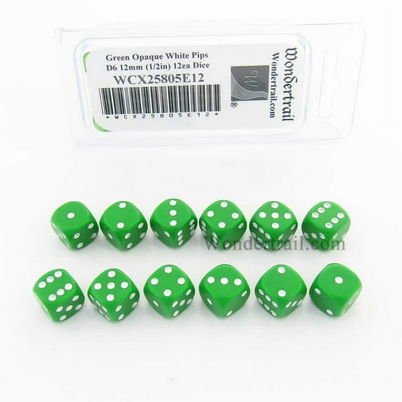 Green Opaque Dice with White Pips D6 12mm (1/2in) Pack of 12 Wondertrail