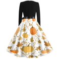 thumbnail image 5 of Halloween Dresses for Women Pumpkin Castle V Neck Cocktail 1950s Fall Dress Long Sleeve Hepburn Classic Vintage Dresses with Belt M, 5 of 5