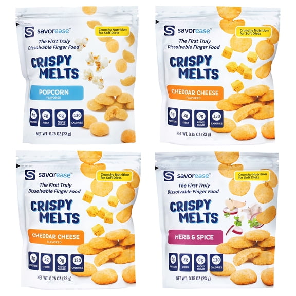Savorease Crispy Melts, (4-Pack) Starter Box, 1 serving per pouch. Comes in four flavors: Cheddar Cheese, Popcorn, Snap Pea, and Herb & Spice