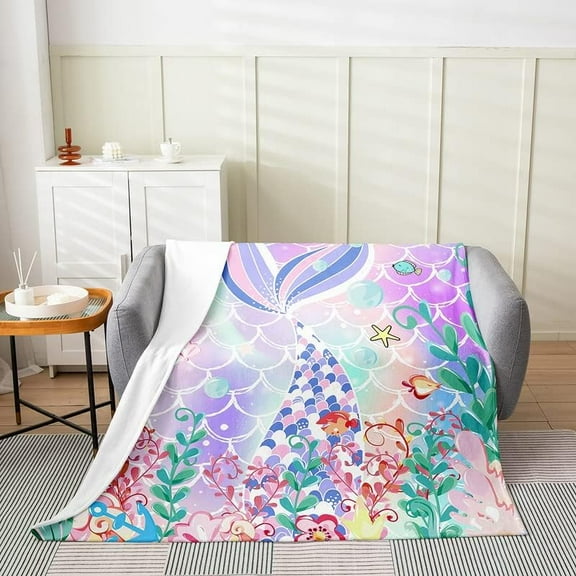 Mermaid Plush Throw Blanket, for Sofa Couch Kids Ocean Life Sea Animal Flannel Fleece Blanket Set Room Decorative Fish Scales All Season,Bed Blanket Pastel 40"x50"