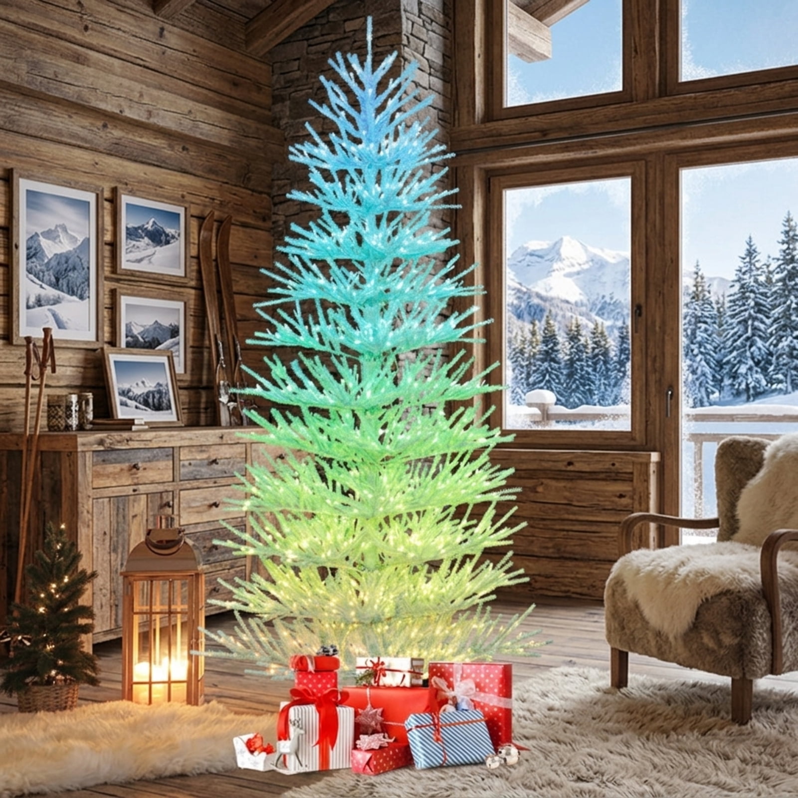 RUIE 7 ft White Christmas Tree, Pre-Lit Hinged Artificial Xmas Tree with 923 LED Lights and 820 Coral-Like Branch Tips for Home