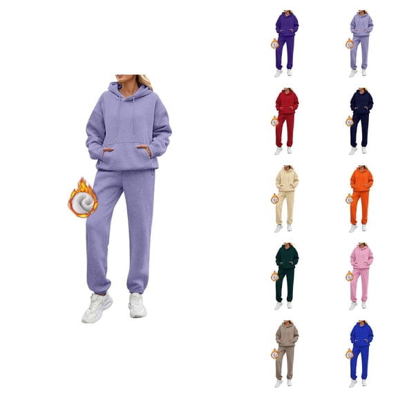 2 Piece Sweatsuits for Women 2026 Winter Trendy Plain Lined Hoodie and Joggers Sweatpants Matching Set