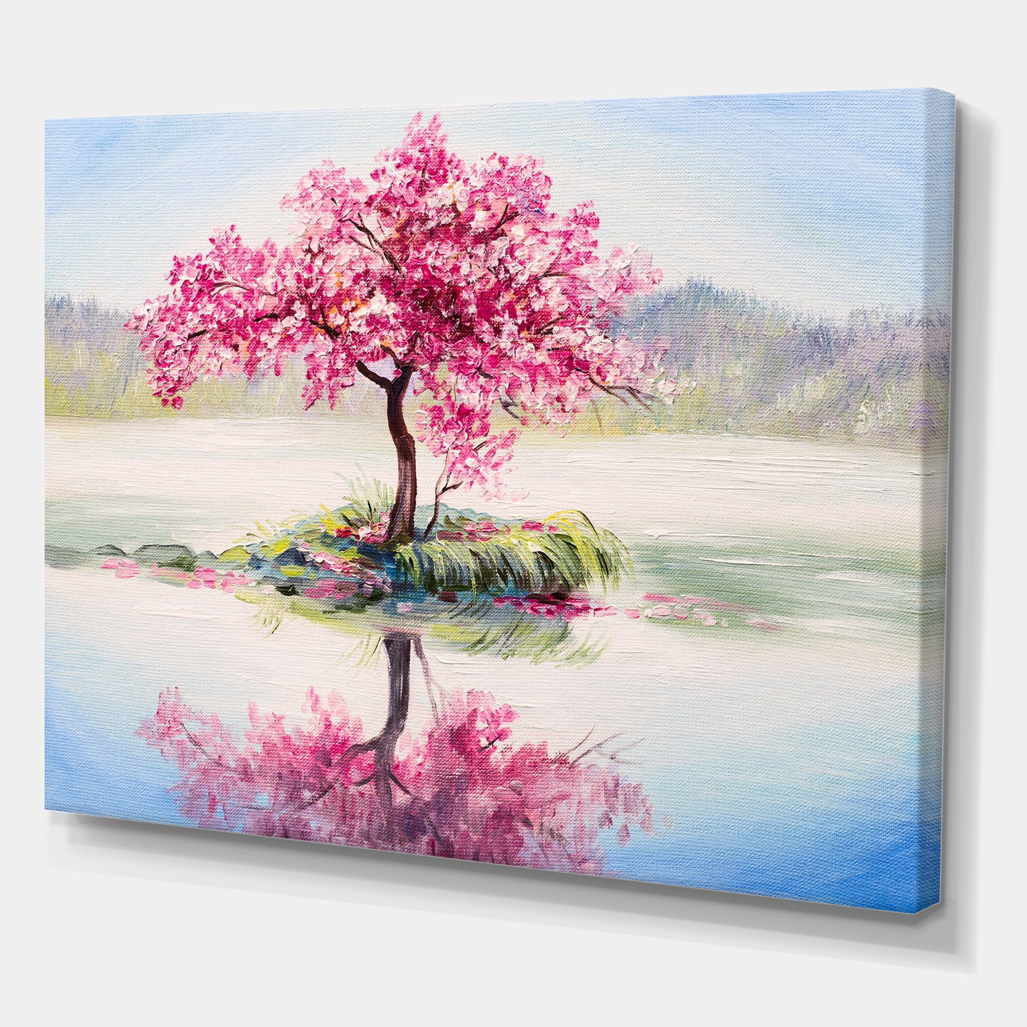 Designart ' Oriental Cherry Pink Tree Sakura On The Lake ' Lake House Canvas Wall Art Print