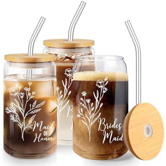 3 Pcs Bridesmaid Gifts Bridesmaid Proposal Gifts 16 Oz Cute Can Shaped Drinking Glasses with Bamboo Lids and Glass Straw Iced Coffee Cup Mason Jar Cups for Engagement Wedding Bridal