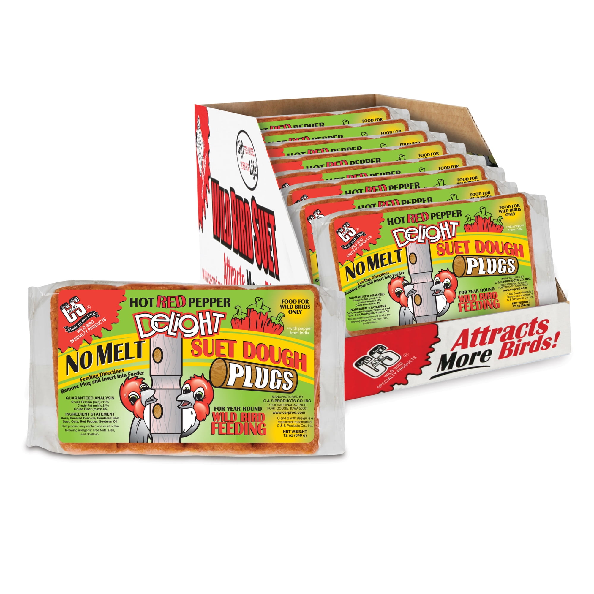 C&S Hot Pepper Delight No Melt Suet Dough Plugs, Suet for Wild Birds, 12 Ounces, Pack of 8