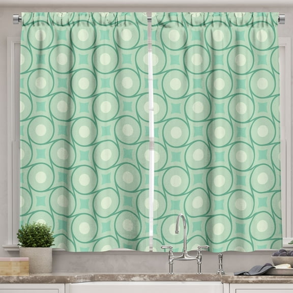 Ambesonne Mint Kitchen Curtains, Circles Dots Wavy Squares, 55"x39", Almond Green Emerald