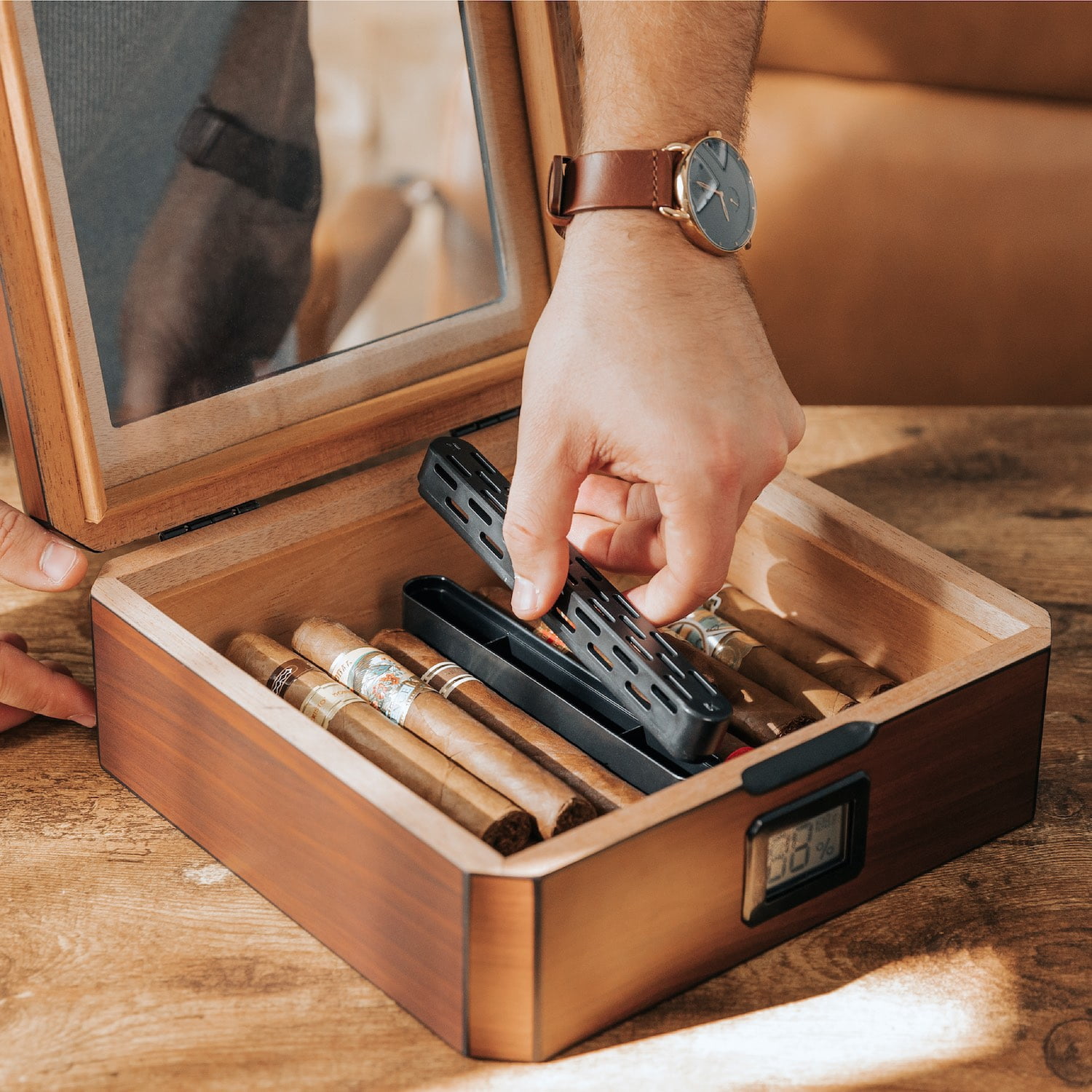 Mag Desktop Humidor, Walnut Finish, Spanish Cedar, Holds 20-30 Cigars, Glass Top by Case Elegance