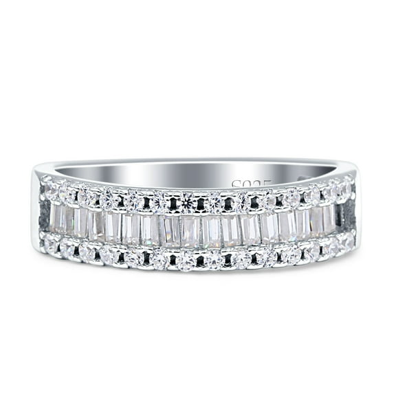 Half Eternity Ring Three Row Baguette Cubic Zirconia White Tone 925 Sterling Silver, Size 5