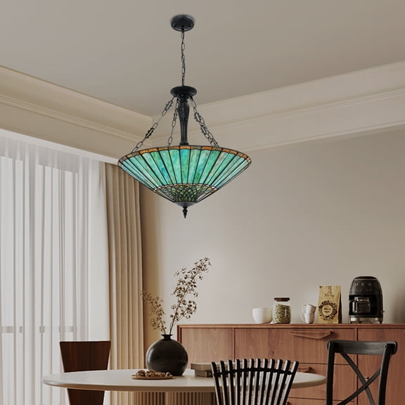 5-Light Stained Glass Pendant Light Emerald Green Tiffany Style Chandelier with Adjustable 15.7in Chain