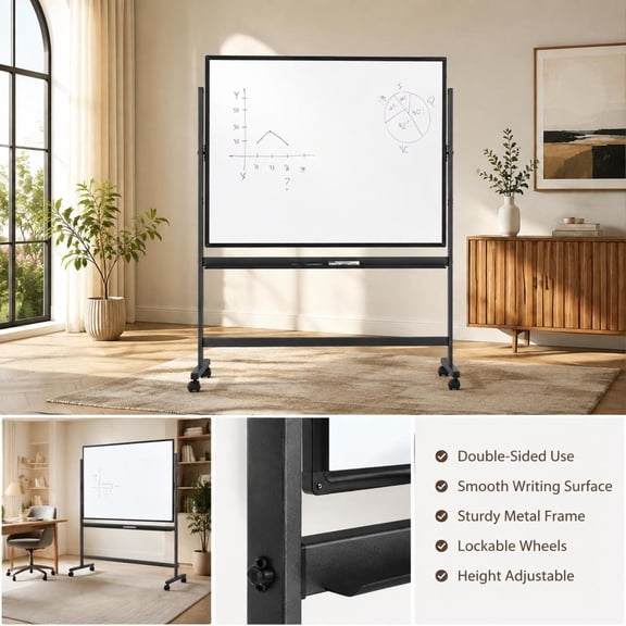 48 X 36 Inch Mobile Magnetic Double-Sided Reversible Whiteboard with Height Adjustable Stand and Lockable Wheels