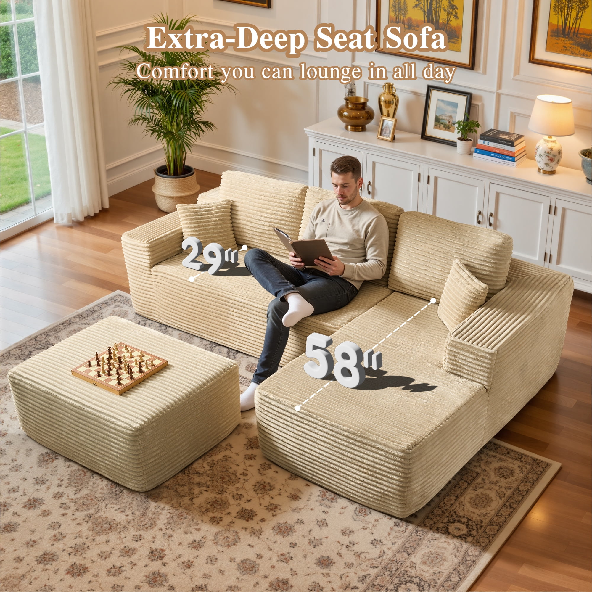 Ovios 106" Cloud Sofa Couch No Assembly Boneless Deep Seat Sofa with Ottoman for Living Room, Beige (Plush Corduroy)