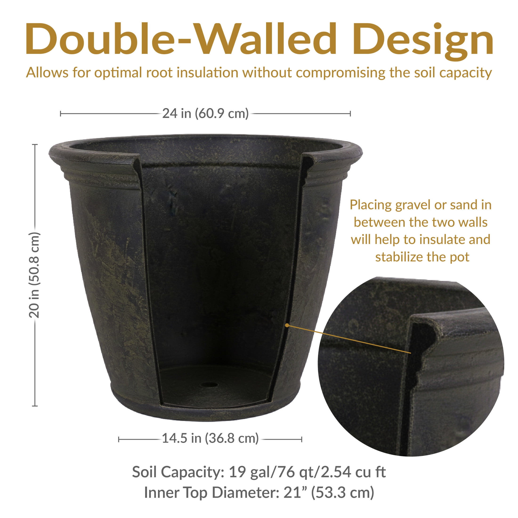 Sunnydaze Anjelica 24" x 24" x 20" Round Sable Polyresin Outdoor Planter Pot