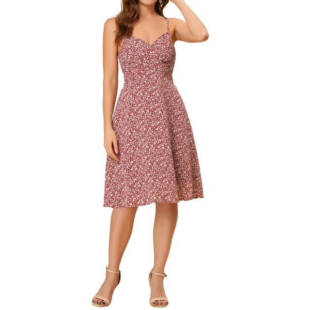 Vestido midi rojo con frente retorcido floral para mujer con tirantes ajustables INSPIRE CHIC