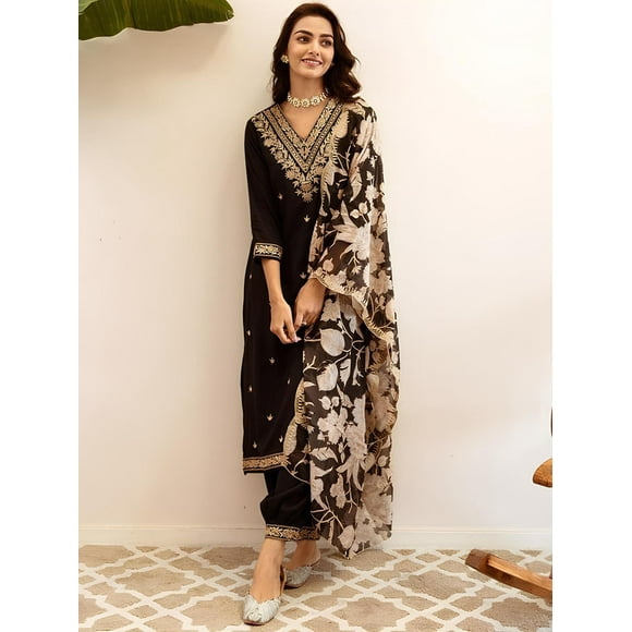Indo Era Ethnic Motifs Embroidered Regular Thread Work Kurta with Salwar & Dupatta - Indian Ethnic Traditional Wear Kurta Set