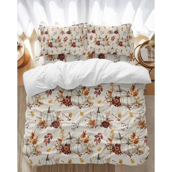 Thanksgiving White Pumpkin Bedding Duvet Cover Set Queen Size 4 Pieces Leaves Fall Harvest Linen Texture Bedding Set with Zipper Closure, 1 Comforter Cover 90x92 Inches 1 Flat Sheet & 2 Pillow Cases
