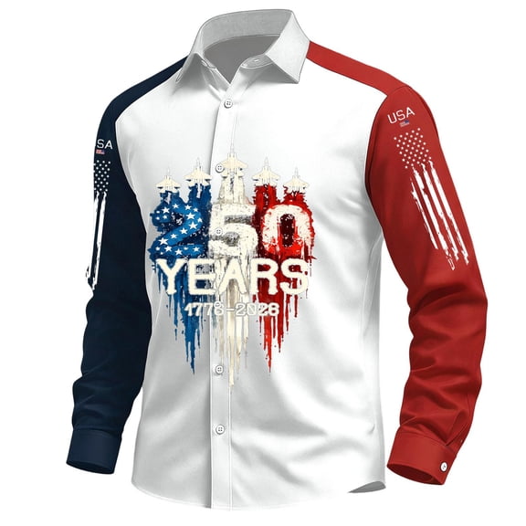 Men's 250 Anniversary USA Shirt American Flag Button Down Print Shirts Long Sleeves Patriotic Tees