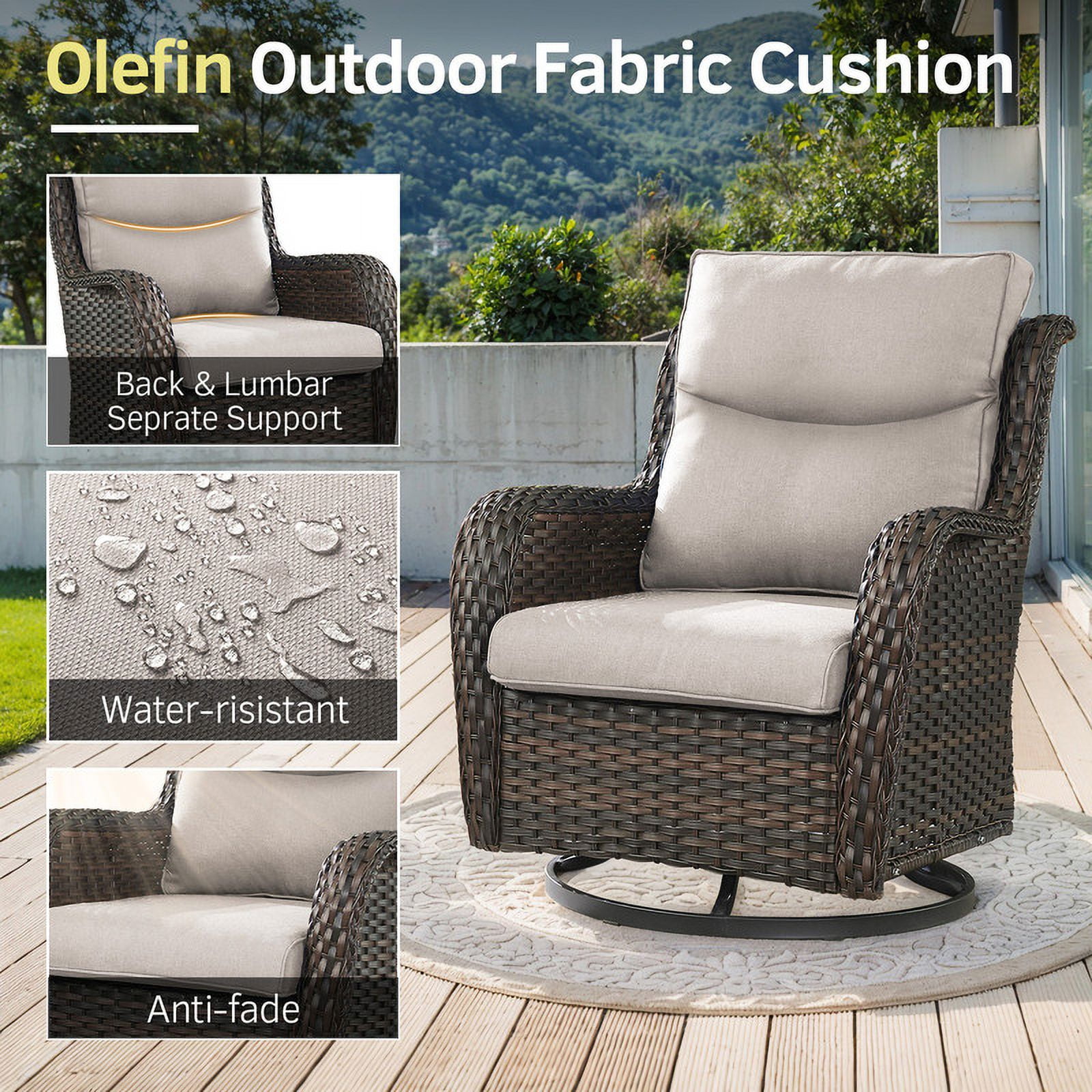 PARKWELL 3-Piece Patio Wicker Chairs Swivel Rocker Set,Outdoor High Back Swivel Glider Rocking Lounge Chairs with Side Table for Patio Deck Garden,Brown/Beige