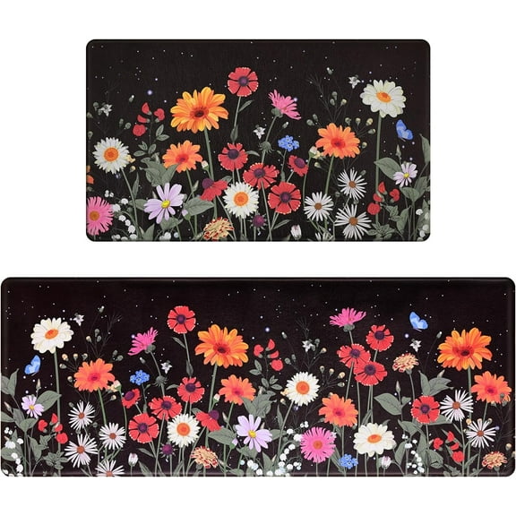 Kitchen Rugs Sets of 2 Floral, Waterproof Kitchen Mats Cushioned Anti Fatigue, Farmhouse Kitchen Mat Rug Non Slip Washable, Floor Comfort Mats Kitchen Home, 18'''' x 48'''' 18'''' x 30'''', Black