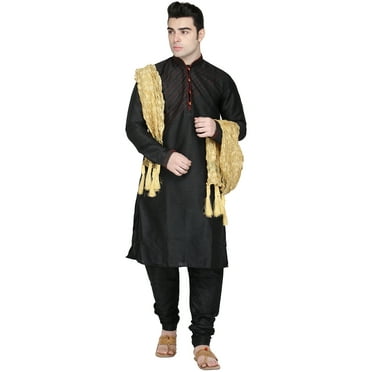 In-Sattva Men's Indian Three-Piece Ensemble Round Neck Buttoned Stripe Patterned Kurta Tunic Pajama Black