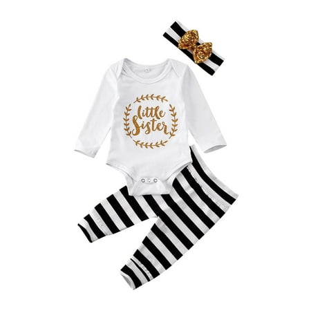 

Carolilly Baby Full Gold Letter Print Jumpsuit Headband Striped Pants Set