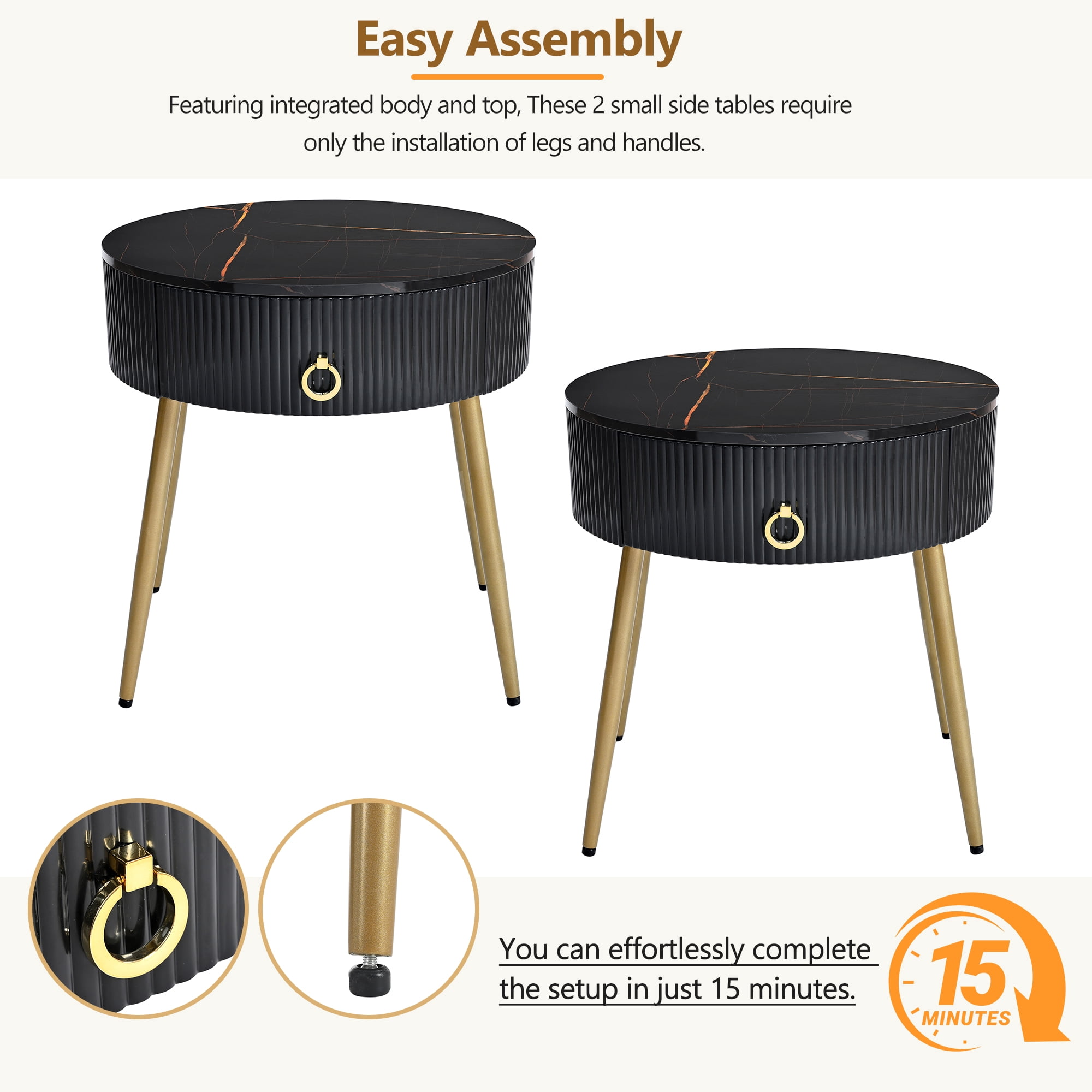 EUROCO 2-Piece 19.6" Round Coffee Table Set, End Tables with High Gloss Faux Marble Tabletops,Modern Fluted 2 Side Tables with Drawers and Golden Legs for Living Room, Black