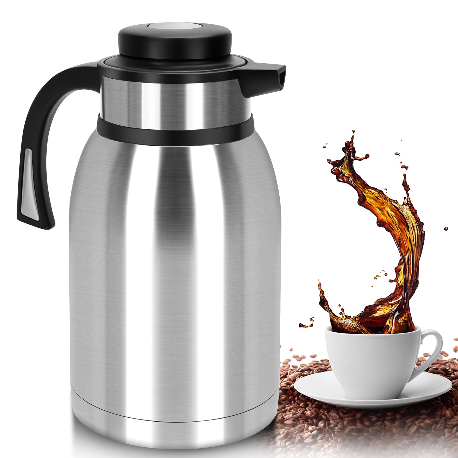 SSAWcasa 68oz Thermal Coffee Carafe Stainless Steel Double Walled Vacuum Coffee Thermos Coffee Dispenser - Keep 24 Hours Hot/Cold (Silver)