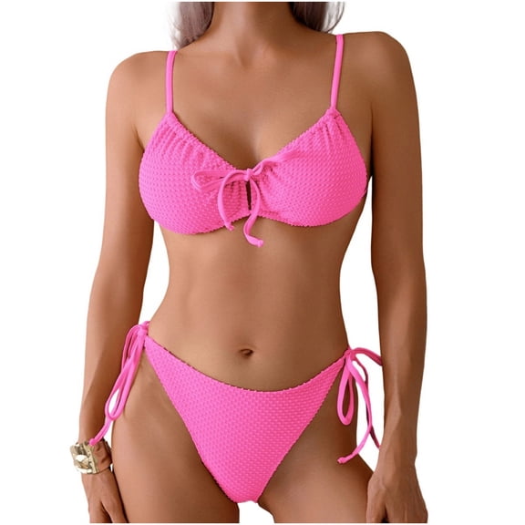 UTSJKR Women's Trendy Split Swimsuit Lace up High Cut Bralettes Bikini and Swim Briefs Two Piece Cheeky Swimwear Beachwear Hot Pink S