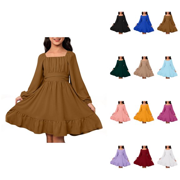 Girls Casual Long Sleeve Backless Dress with Puff Sleeves, Solid Color Flowy Skirt & Open Belted Waist Tie for Summer Spring Fall Holiday Party Photo