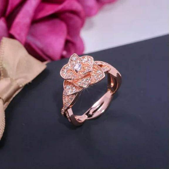 18K Rose Gold Filled AAA Cz Wedding Rose Flower Band Womens 925 Silver Size 6-10