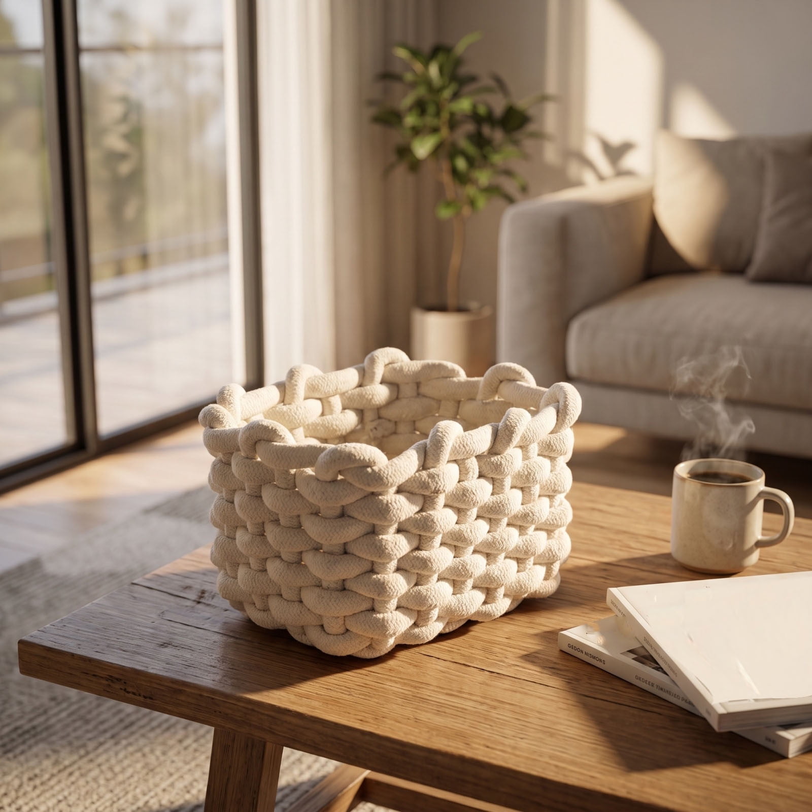 Cotton Rope Storage Basket Desktop Organizer Bin Cosmetics Sorting Box Broad Top Opening Access and Curved Safe Frame for Vanity Tables Bathroom Counters and Entryway Shelves.