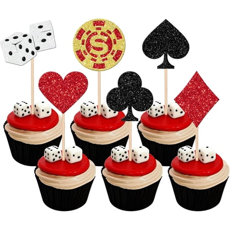 12Pcs Casino Cupcake Toppers, Glitter Dice Poker Suits Chips Picks for Las Vegas Night Casino Party Decorations