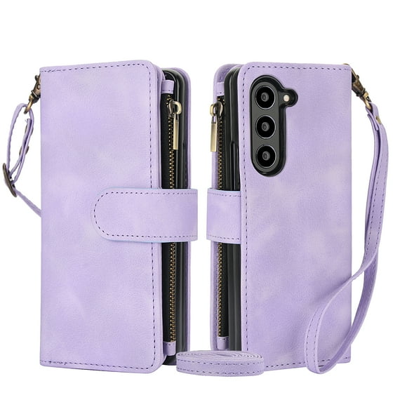 for Samsung Galaxy Z Fold 5 Crossbody Case Wallet with Card Slots - PU Leather Case RFID Blocking Zipper Pocket Lanyard Wrist Strap Shockproof Protective Cover for Samsung Galaxy Z Fold 5, Purple