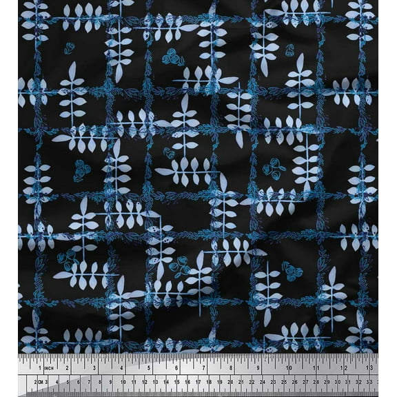 Soimoi Black Cotton Voile Fabric Leaves & Floral Check Printed Craft Fabric by the Yard 42 Inch Wide