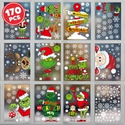 170PCS Grinch Christmas Window Clings + Satna Claus + Reindeer - 11 Sheets, Xmas Window Decals Decorations, Glass Christmas Party Window Stickers for Home School Office Holiday Party Supplies
