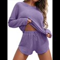 thumbnail image 3 of Conjunto de Pijama de Punto Gofre para Mujer: Camiseta de Larga y Pantalones Cortos, Conjunto Deportivo con Bolsillos Púrpura L, 3 of 9