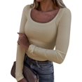 thumbnail image 1 of Women's Fall Long Sleeve Round Neck Slim Fitted Thermal Solid Basic Undershirts, 1 of 1