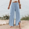 thumbnail image 4 of Mohiass Linen Pants for Women 2025 Flowy Smocked Waist Pants Wide Leg Beach Ruffle Hem Trousers Summer Boho Palazzo Pants with Pockets Sky Blue S, 4 of 5