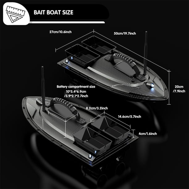 Bateau Appât De Pêche 500m Avec GPS Retour Automatique – Charge 1,5 Kg, LED, Hélice 3 Pales, Noir