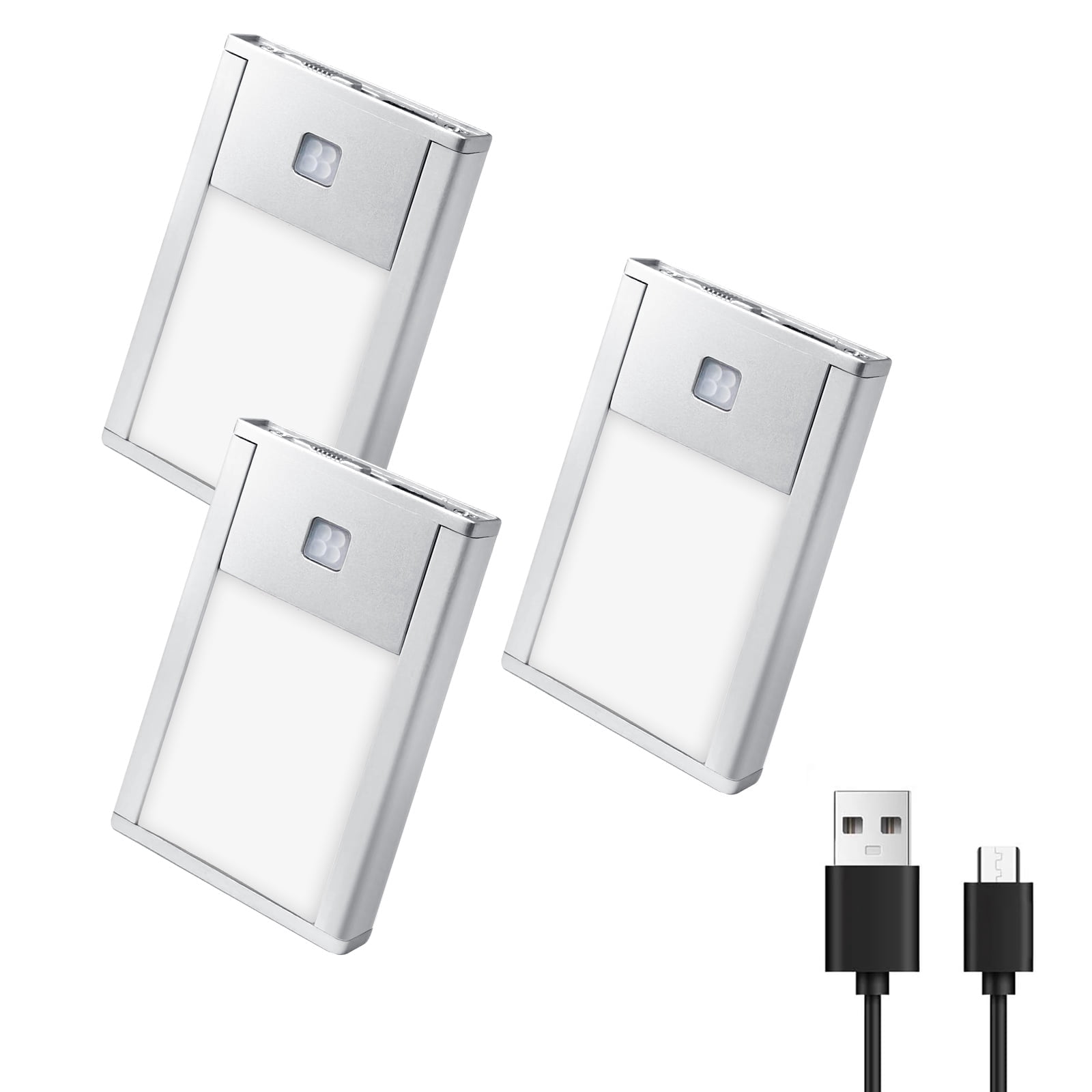 VST Motion Sensor Step Night Light, Rechargeable Battery Powered Stair Lights Indoor, Wireless Magnetic Suck Installation for Bedroom Hallway Stair Nursery Kids Room , 2.68 inch 3000K 3Pack Silver
