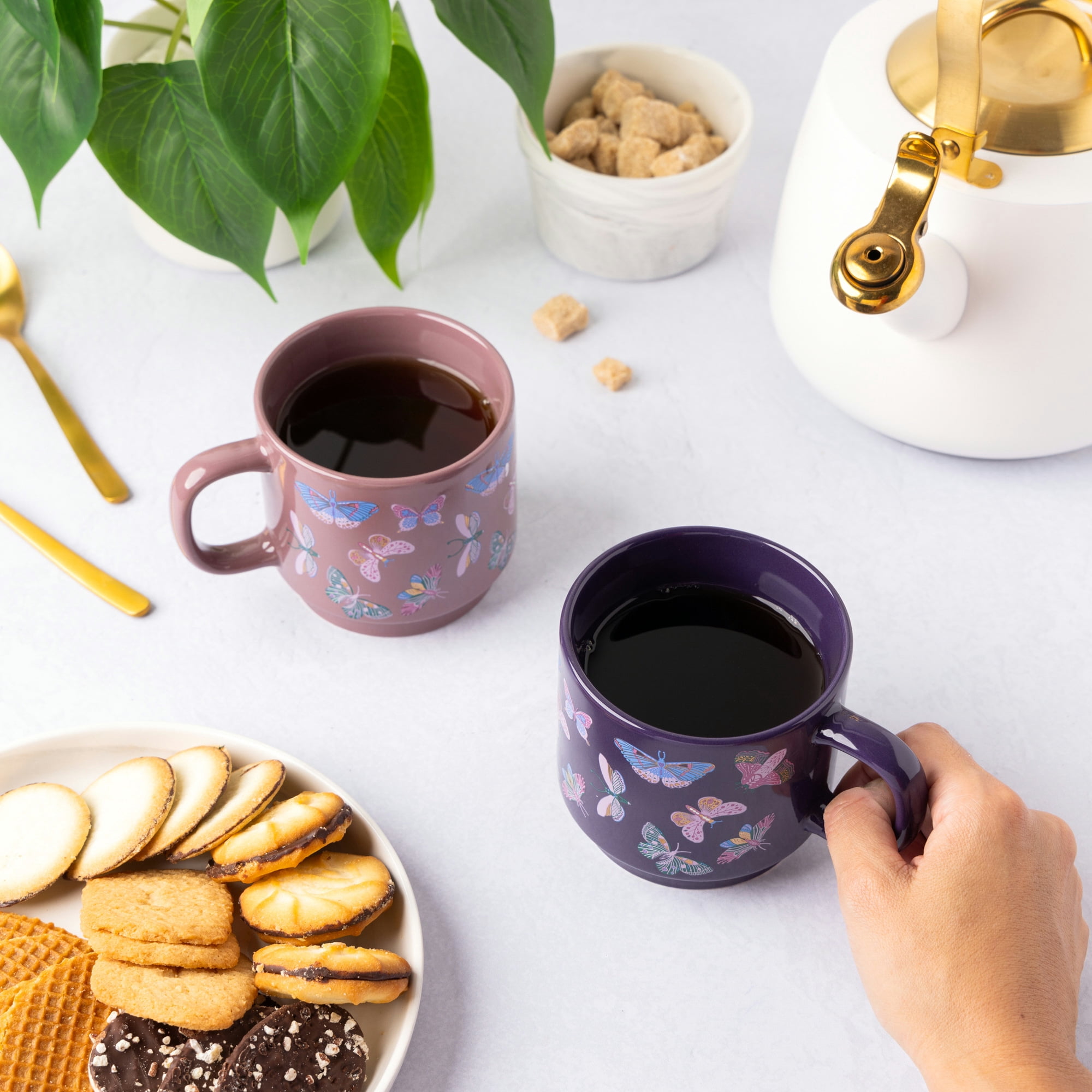 Thyme & Table 2 Pack Stacking Butterfly Purple Mugs 14.2 fl oz, Stoneware