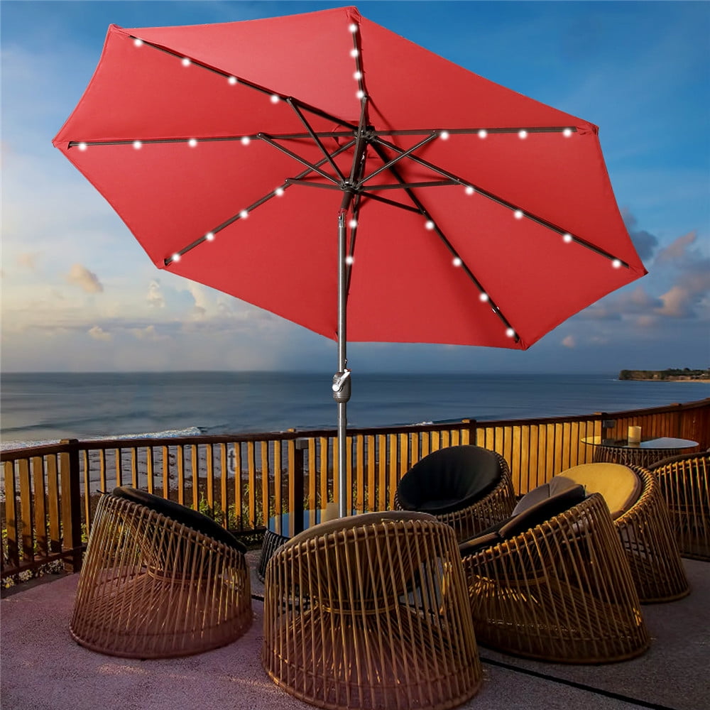 9 Ft Led Lighted Patio Outdoor Umbrella Solar Power Market Table Fade Resistant Umbrella With Push Button Tilt Crank And 8 Sturdy Ribs Wine Red Walmart Com Walmart Com