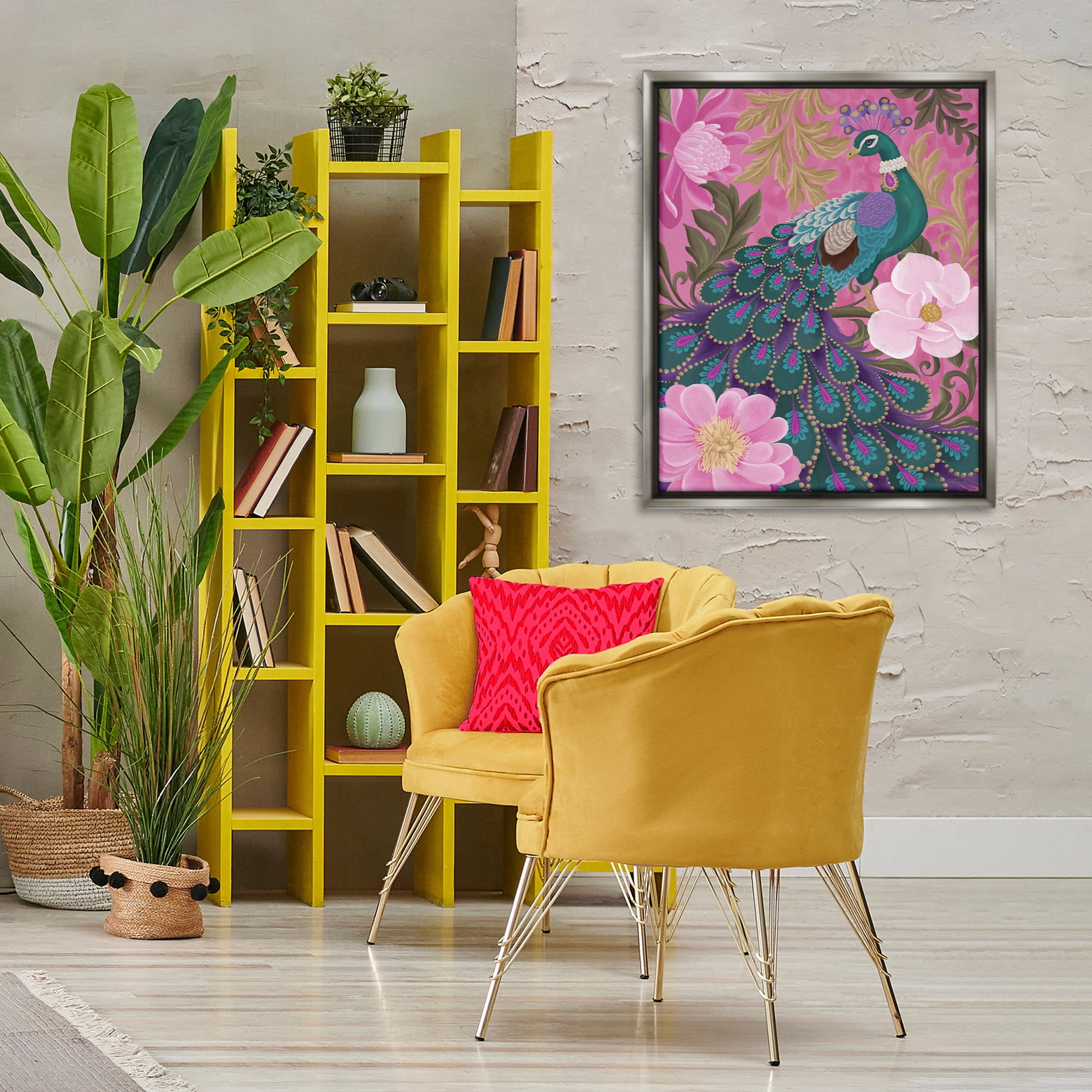 Stupell Industries Peacock & Pink Blossoms Animals & Insects Painting Gray Floater Framed Canvas Art Print Wall Art, 25 x 31