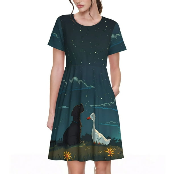 Easygdp Farm Dog Duck Moonlight para Vestido Transpirable de Mujer, Vestido Suelto de Manga Corta con Pliegues y Bolsillos para el Verano