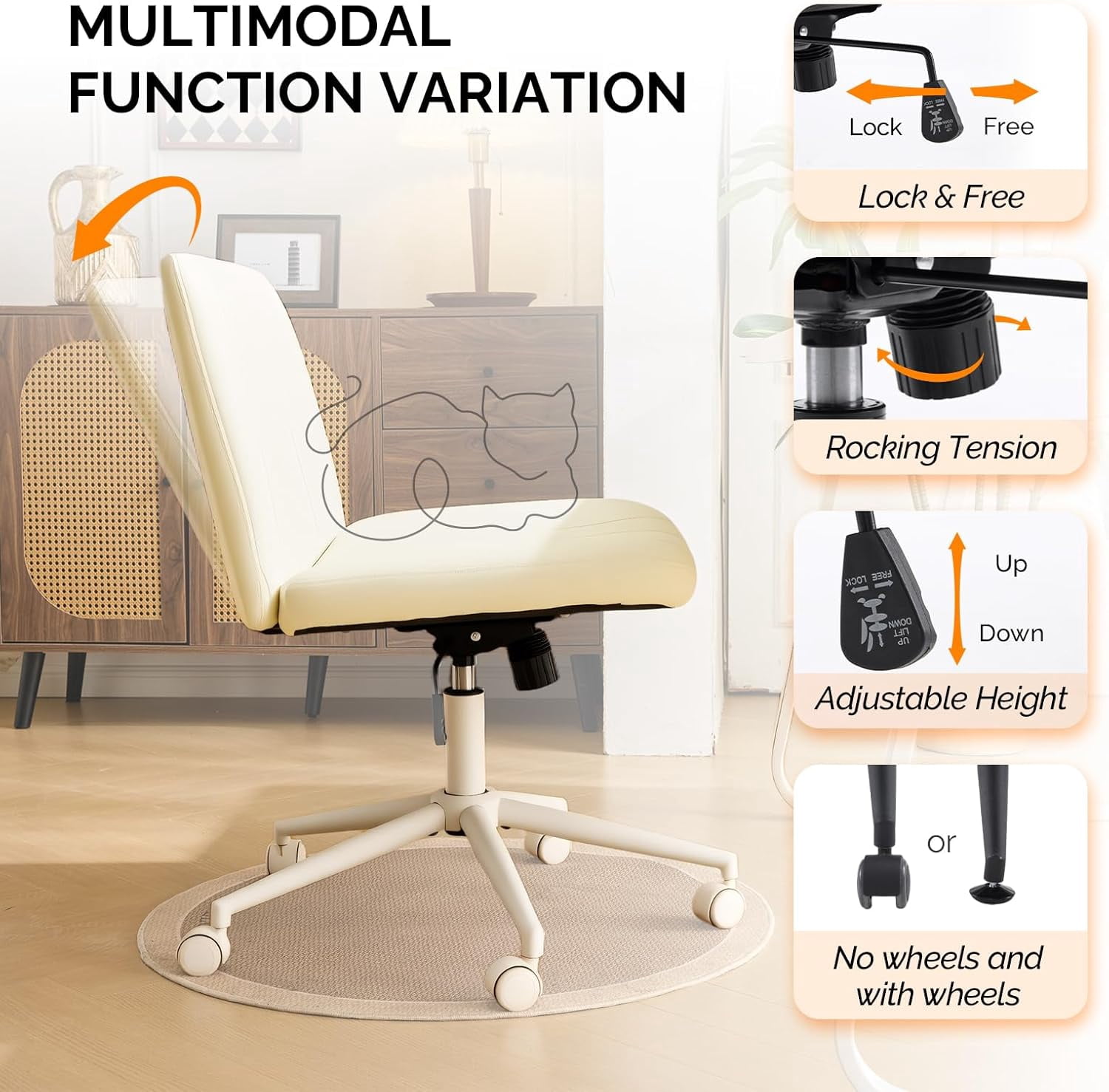 JOYMOR Modern Vanity Chair Dual-Use with/no Wheels, Armless Criss Cross Legged Chair, Swivel Wide Comfy Office Desk Chair, Computer Chair
