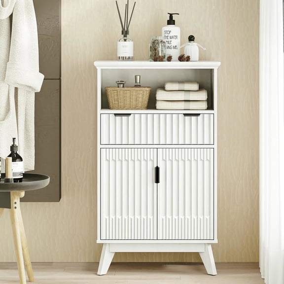 Fatmok Fluted Sideboard Cabinet with Sliding Doors, 40" Tall Wooden Accent Storage Cabinet with Adjustable Shelf & Drawer, Buffet Console Table for Living Room, Kitchen, Entryway, White