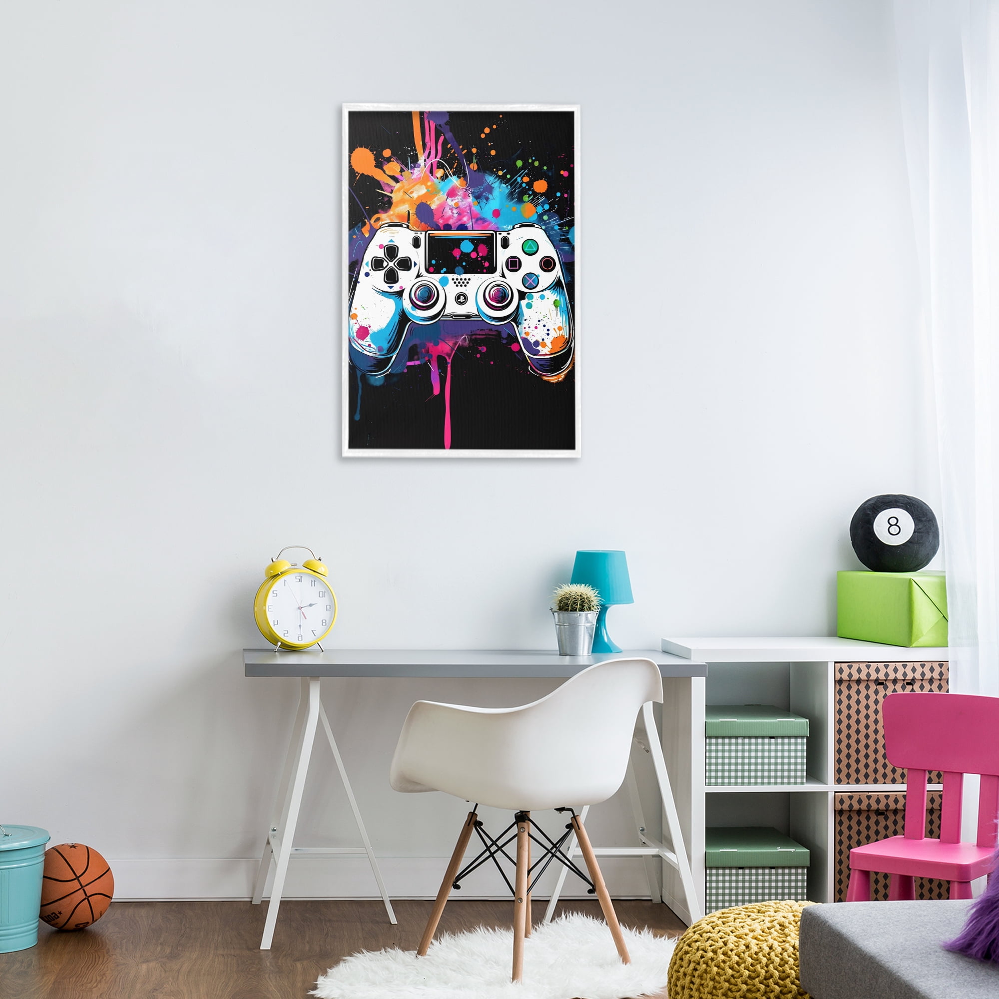 Stupell Industries Controller Contrast with Neon Splatter White Framed Giclee Art, design by Creative Studio