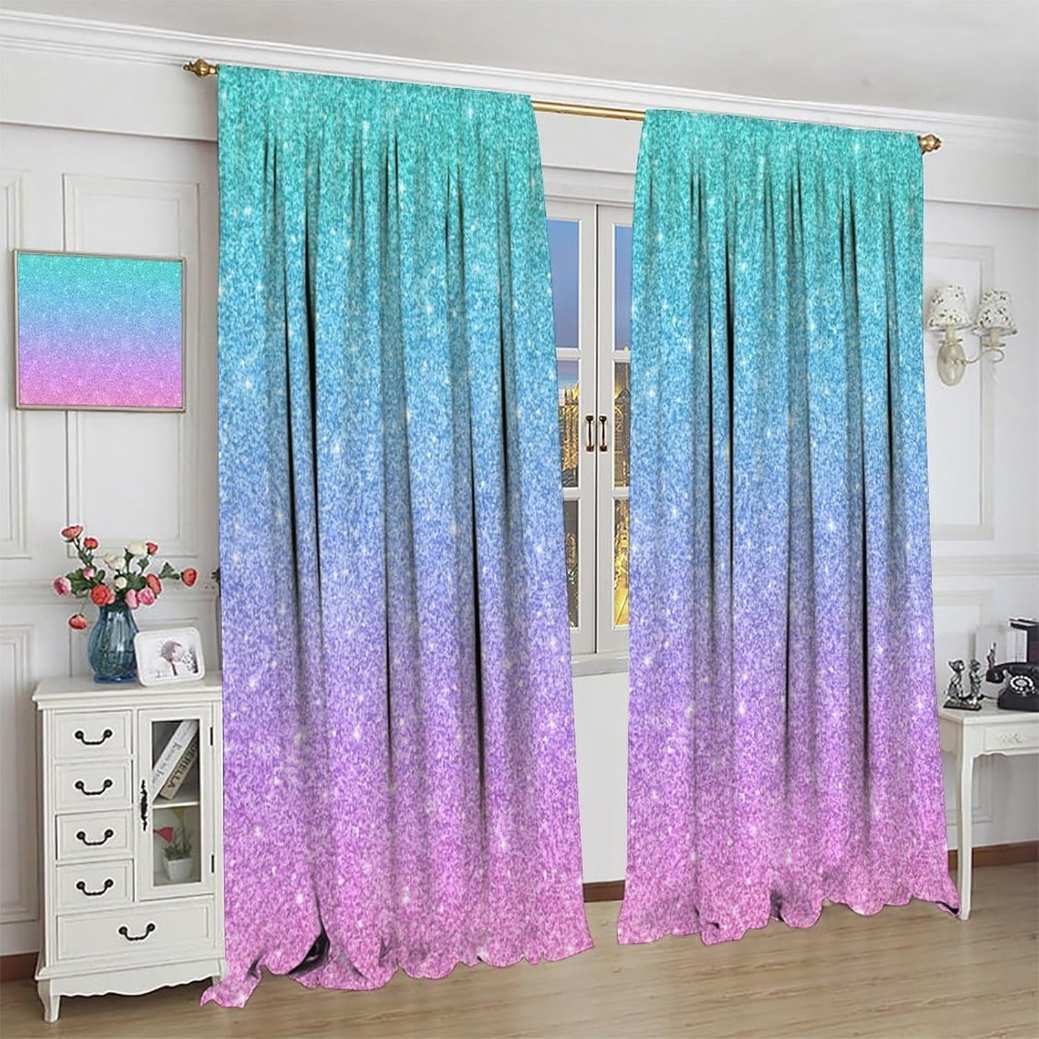 Mermaid Blackout Curtains Pink Blue Gradient Color Beautiful Fantasy Mermaid Scales Kids Girls Bedroom Living Room Bathroom Rod Pocket Decoration Window Drapes 2 Panels W42xL84in