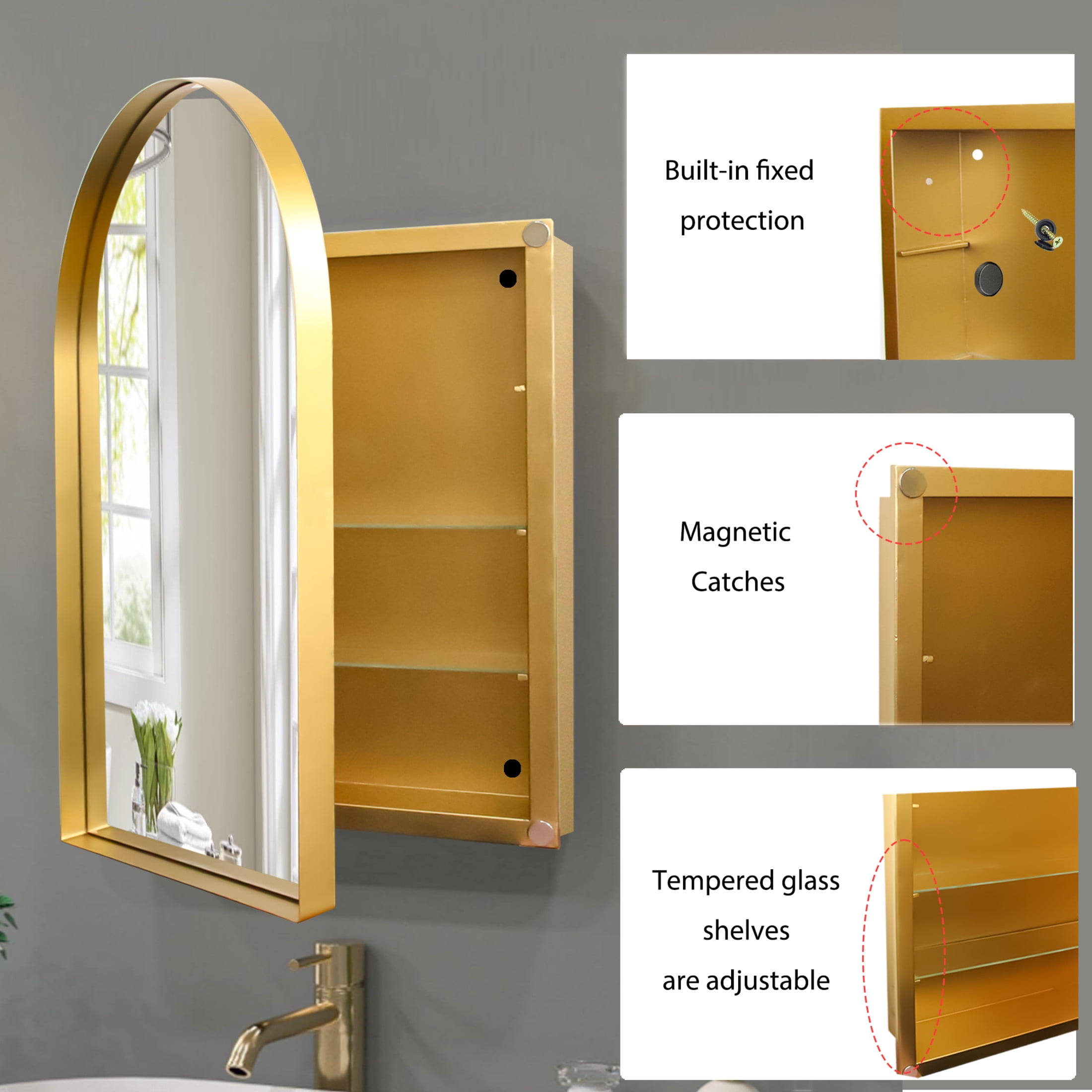Noble House Arched Medicine Cabinet with Mirror, Recessed or Surface Mount, Adjustable Shelves, Matte Gold